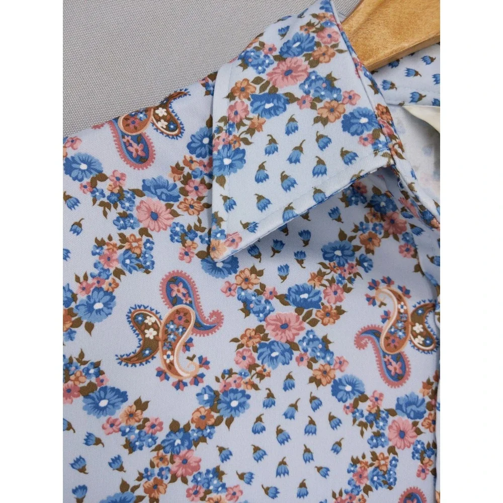 Vintage 70s Sears The Shirt Button Up Women 16 Blue Floral Paisley Short Sleeve